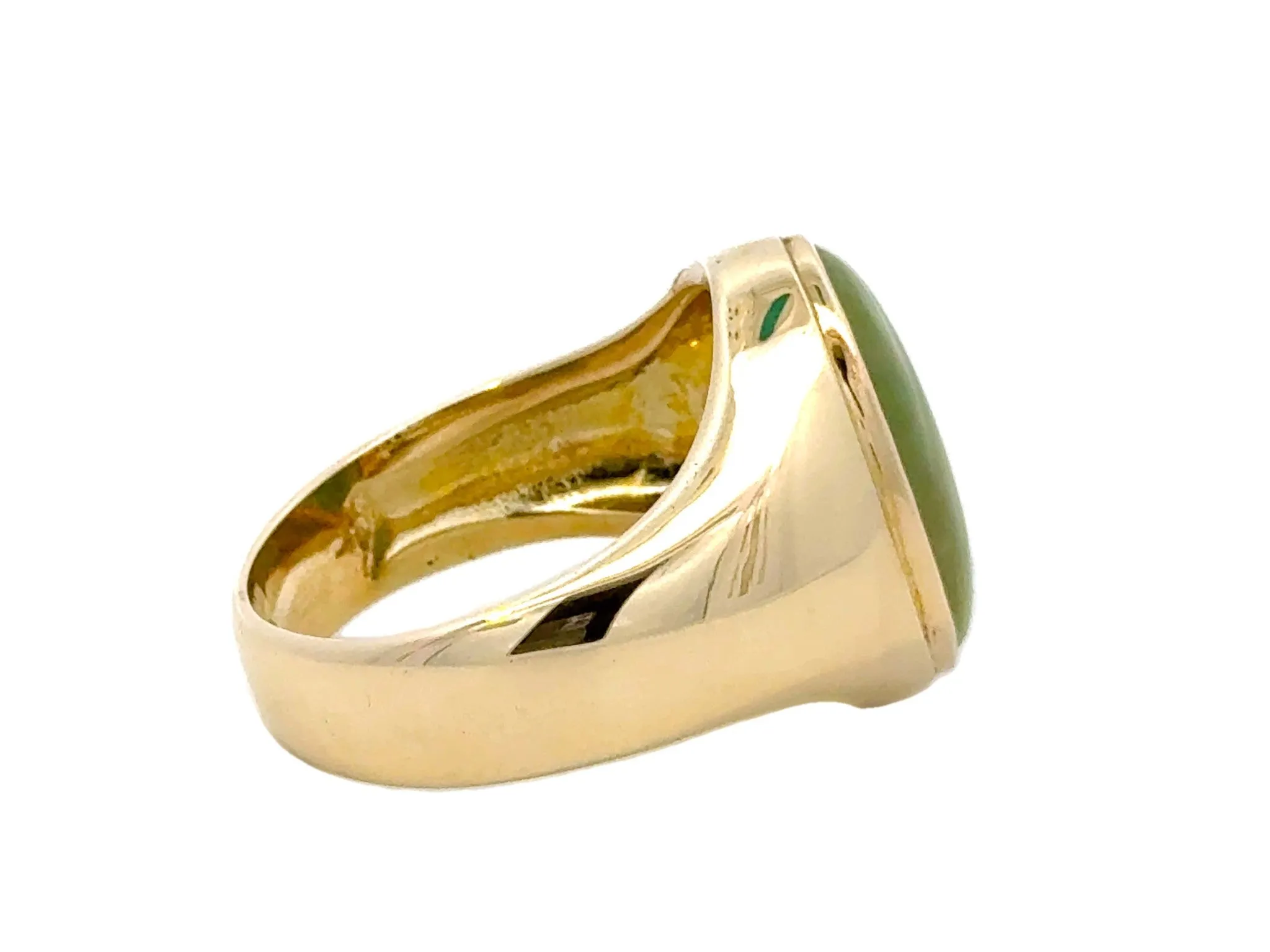 Oval Mottled Green Jade Ring 14K Yellow Gold