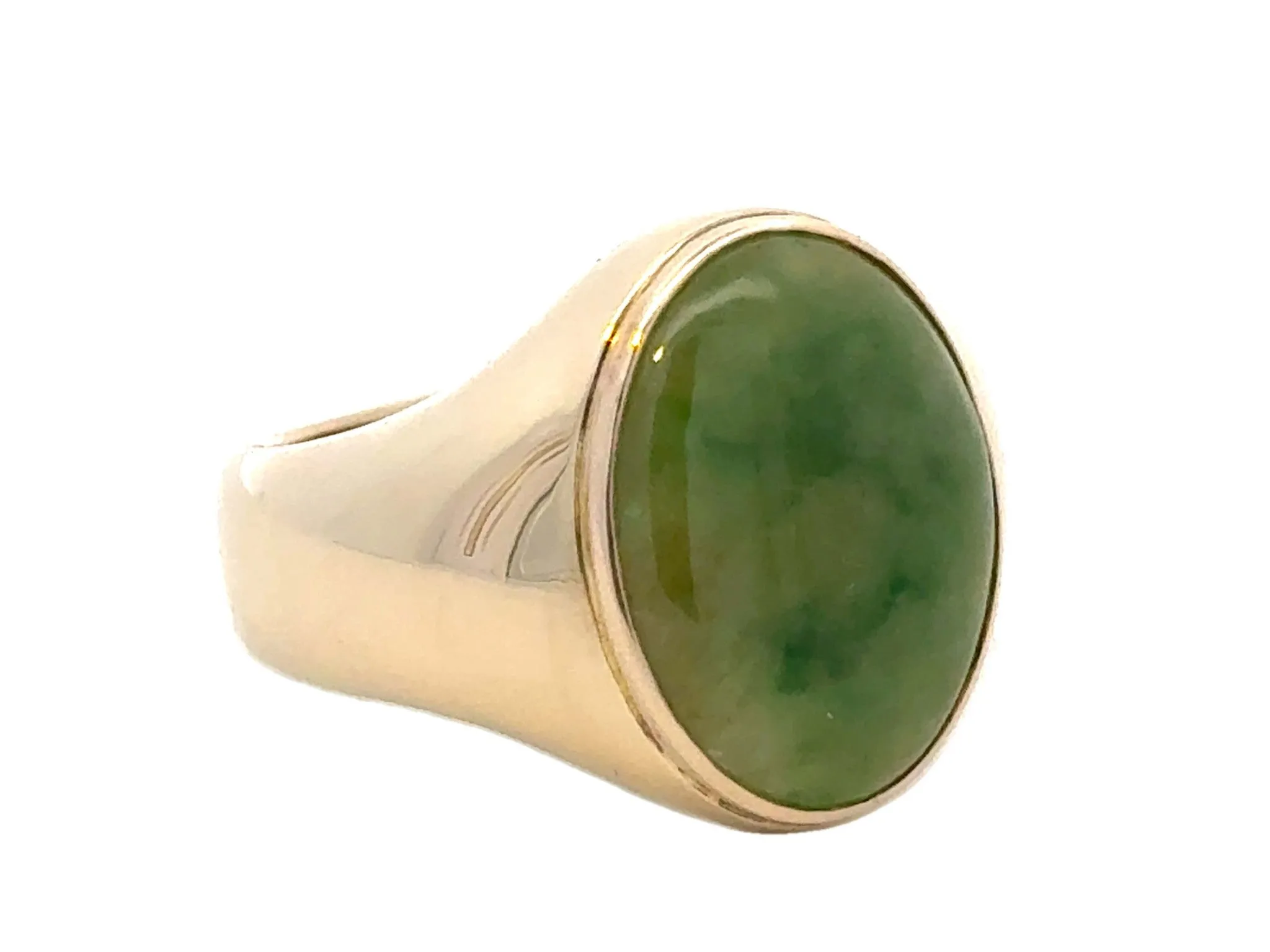 Oval Mottled Green Jade Ring 14K Yellow Gold