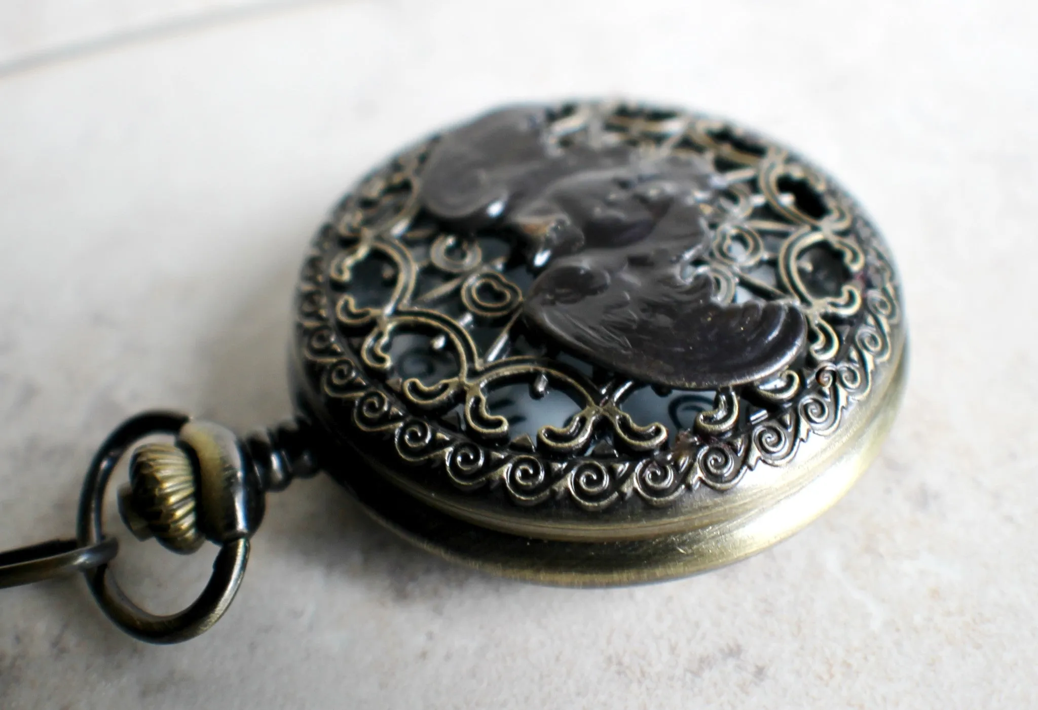 Owl pocket watch, mens pocket watch with flying owl mounted on front case