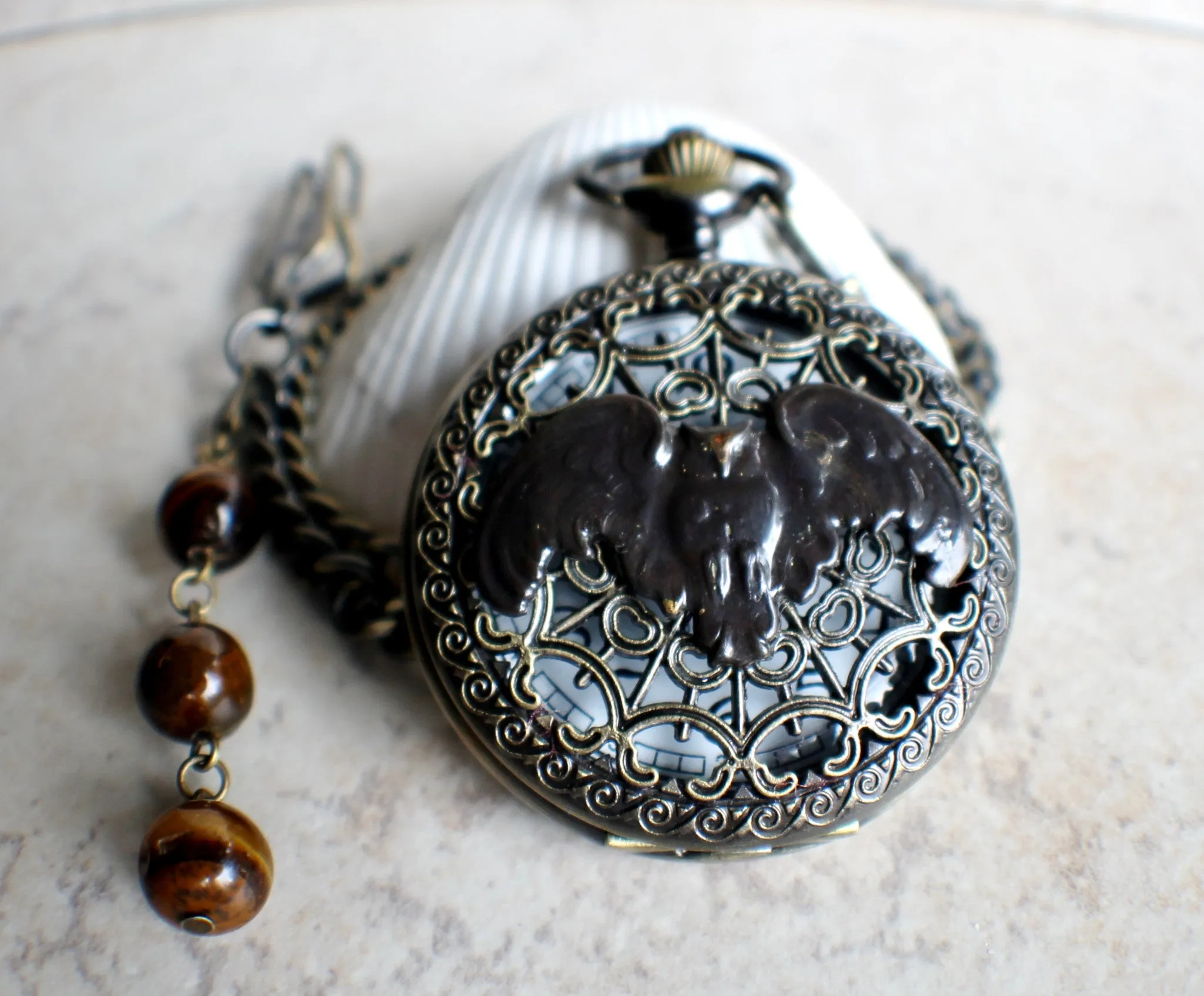 Owl pocket watch, mens pocket watch with flying owl mounted on front case