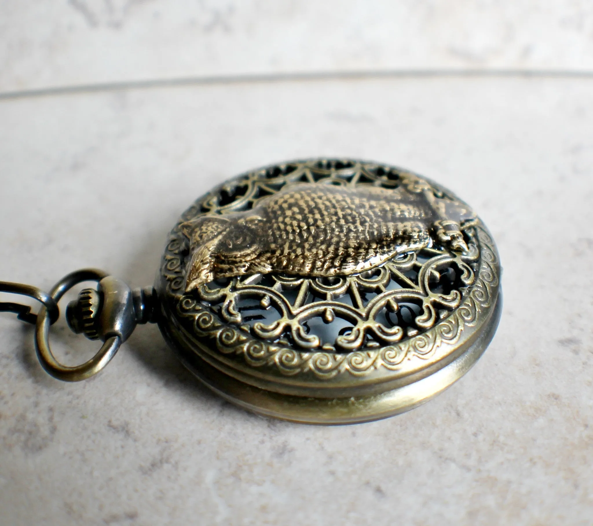 Owl pocket watch, mens pocket watch with owl mounted on front case