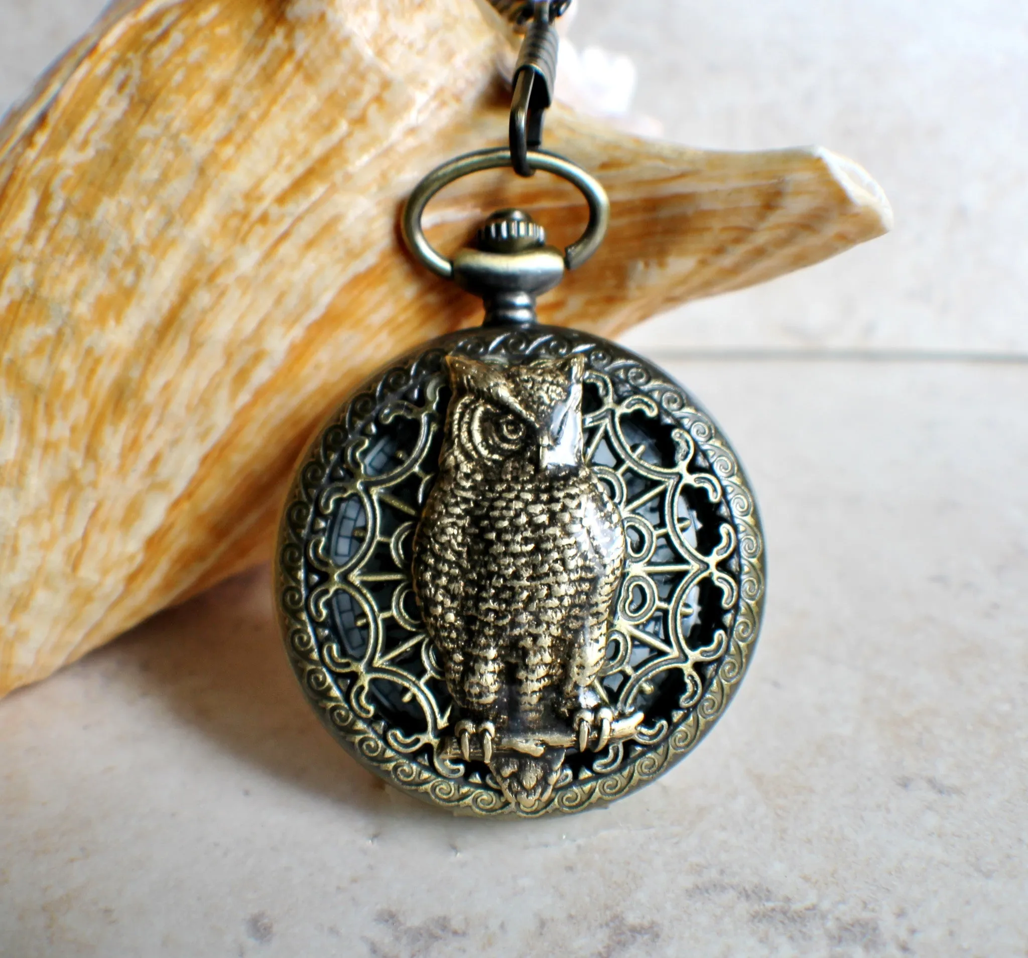 Owl pocket watch, mens pocket watch with owl mounted on front case