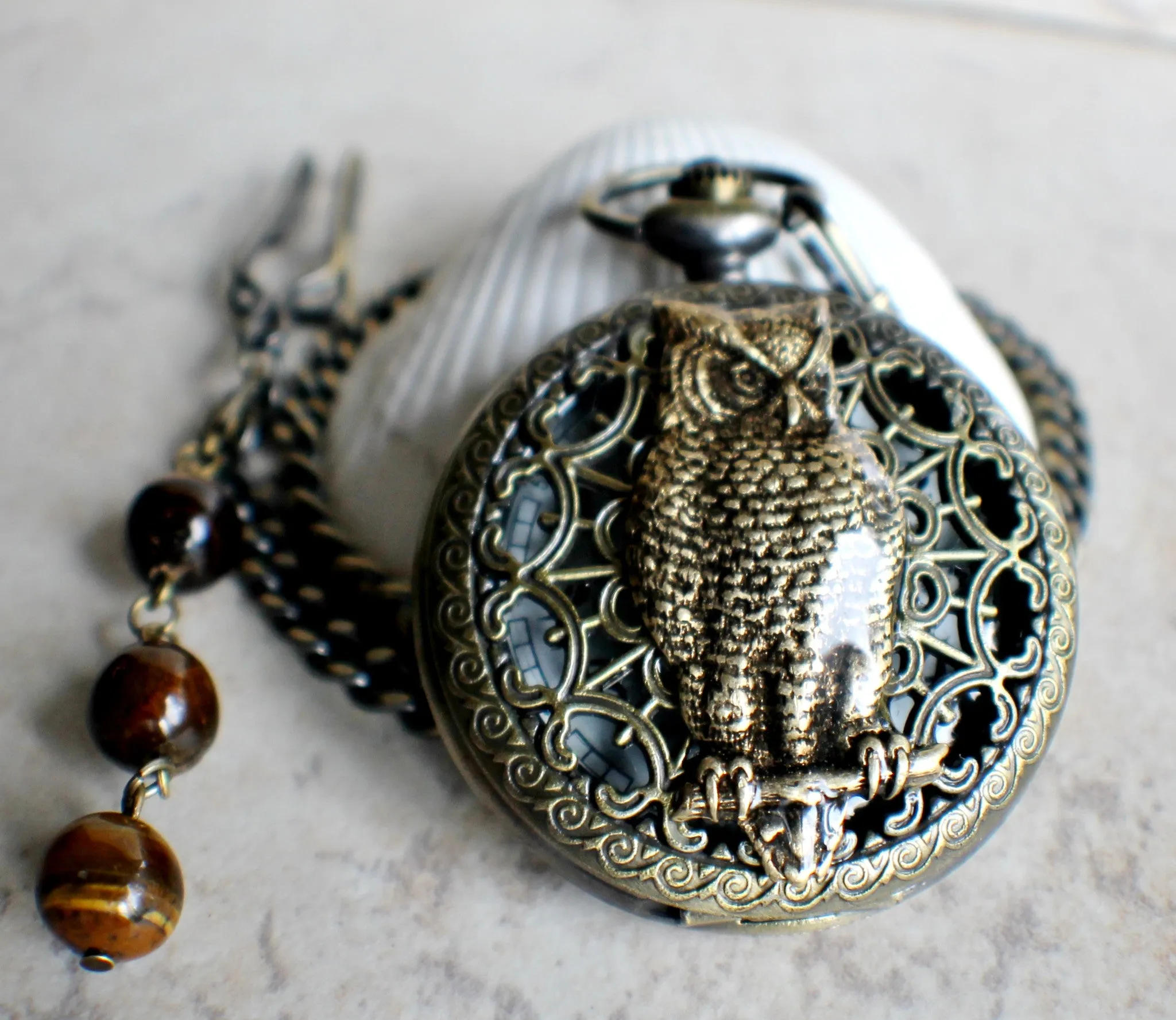 Owl pocket watch, mens pocket watch with owl mounted on front case