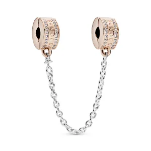 PANDORA Rose logo safety chain with clear cubic zirconia, silicone grip and silver chain