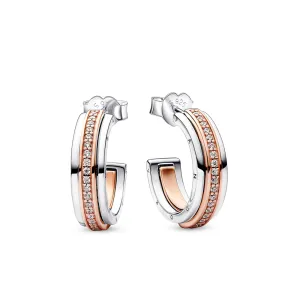 Pandora Signature Two tone Logo & Pav?? Hoop Earrings