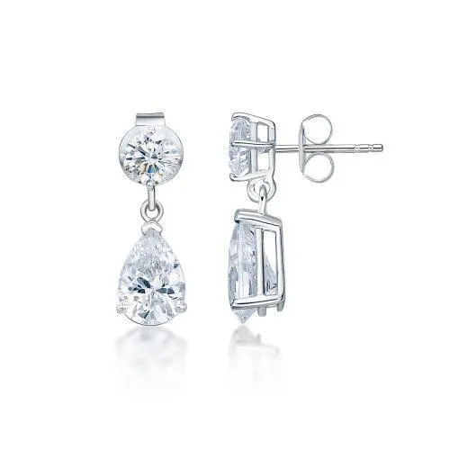 Pear and Round Brilliant drop earrings with 1.92 carats* of diamond simulants in 10 carat white gold