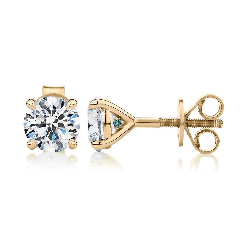 Premium Certified Lab-Grown Diamond, 2.00 carat TW round brilliant stud earrings in 18 carat yellow gold