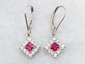 Pretty Ruby and Diamond Halo Drop Earrings