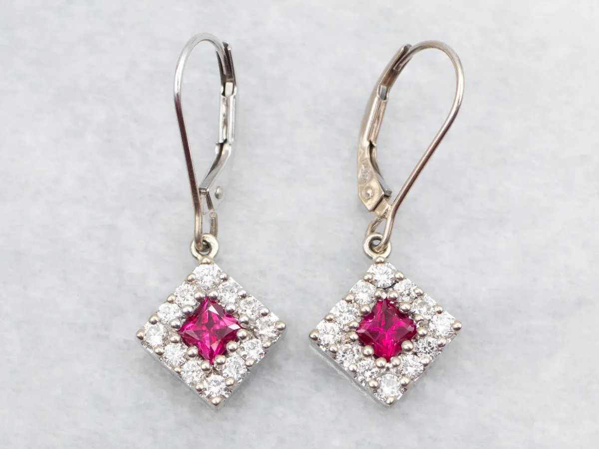 Pretty Ruby and Diamond Halo Drop Earrings