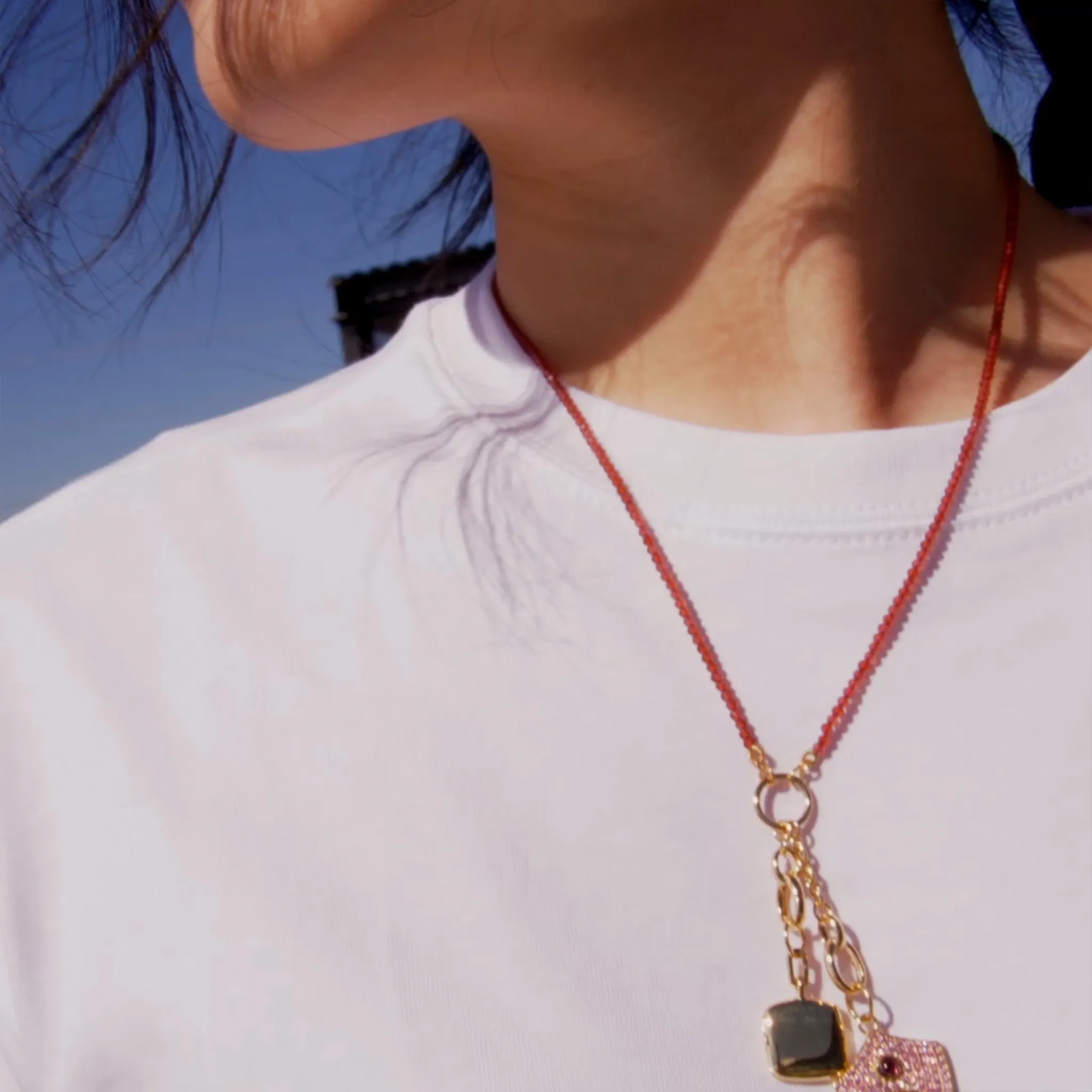 "Fearless" Rhodolite and Pave Pink Sapphire Shield and "Viv" Cushion Locket Charm Necklace