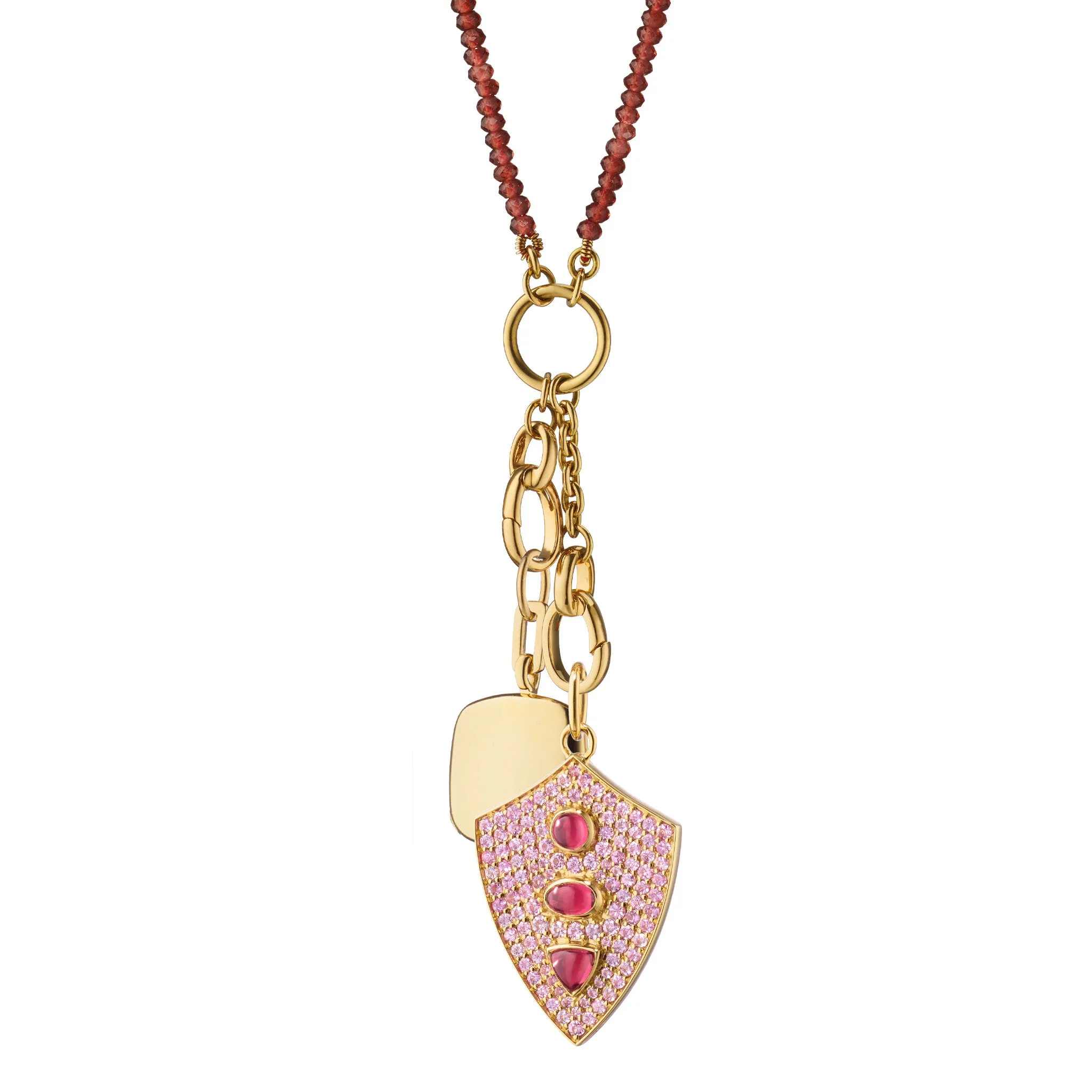 "Fearless" Rhodolite and Pave Pink Sapphire Shield and "Viv" Cushion Locket Charm Necklace