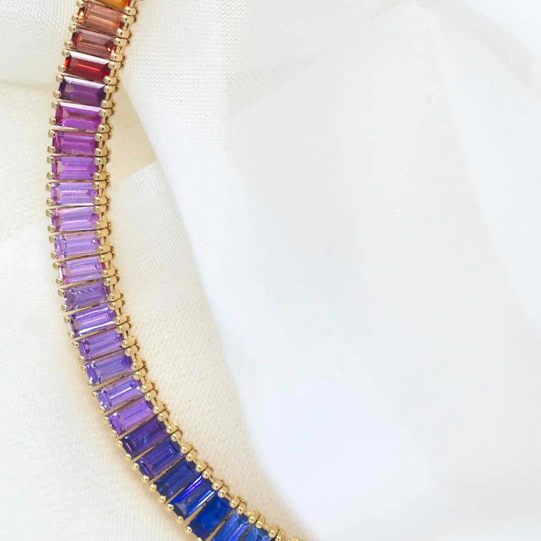 Rainbow Sapphire Baguette Tennis Necklace