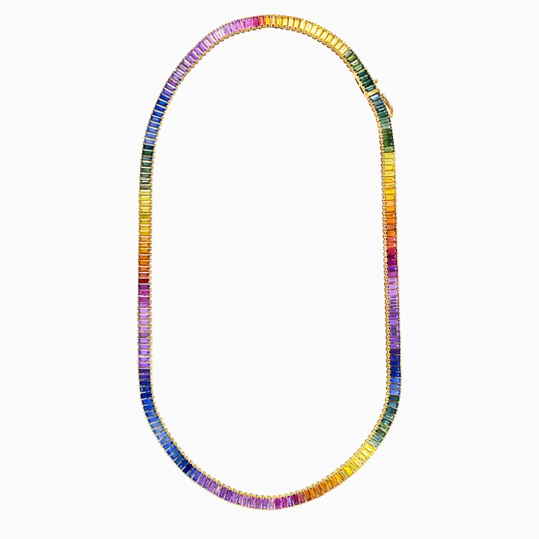 Rainbow Sapphire Baguette Tennis Necklace