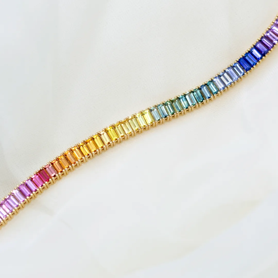 Rainbow Sapphire Baguette Tennis Necklace