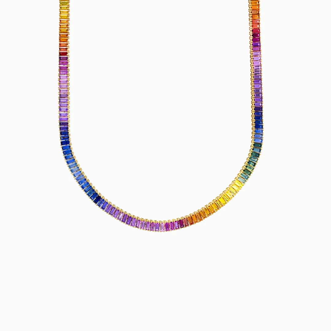 Rainbow Sapphire Baguette Tennis Necklace