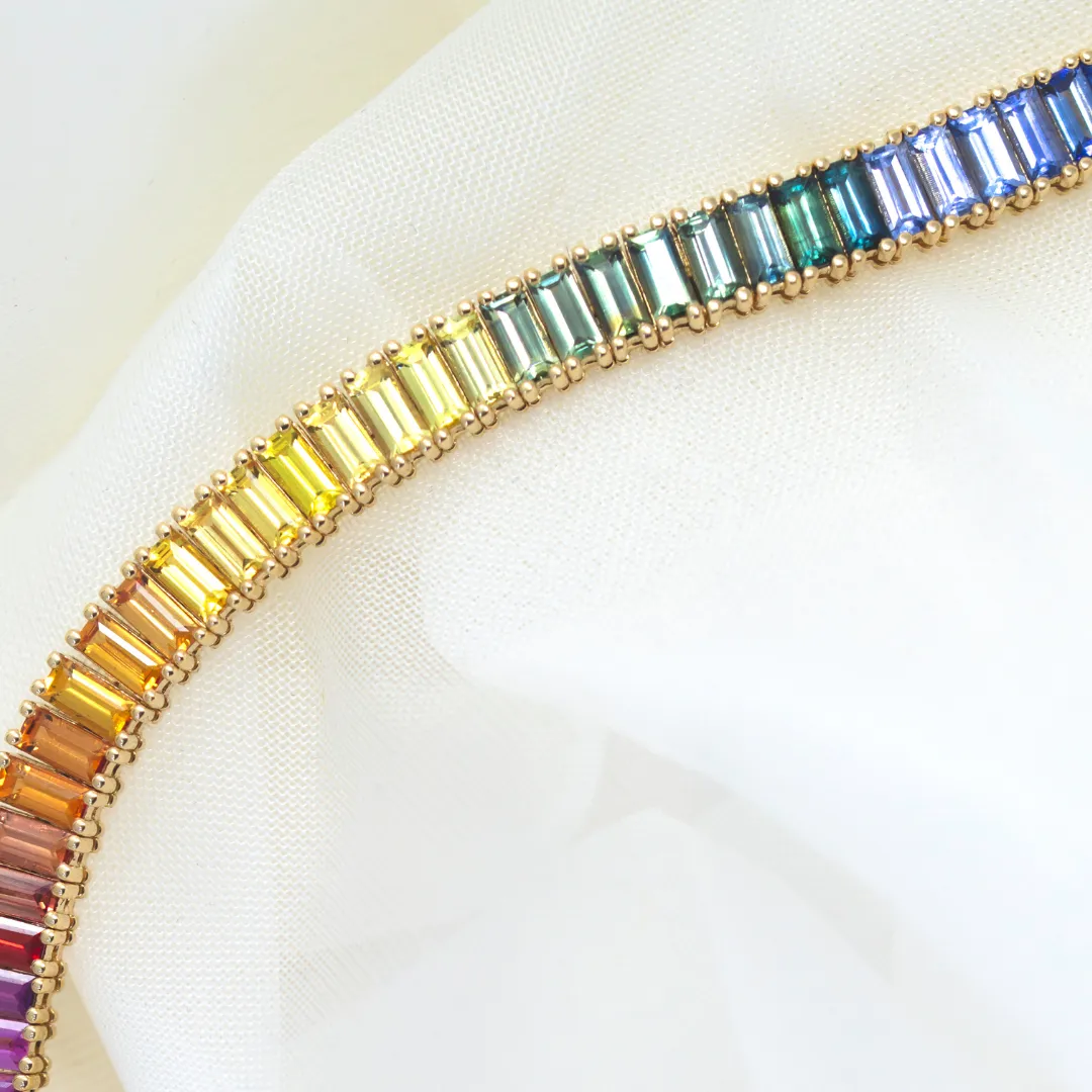 Rainbow Sapphire Baguette Tennis Necklace