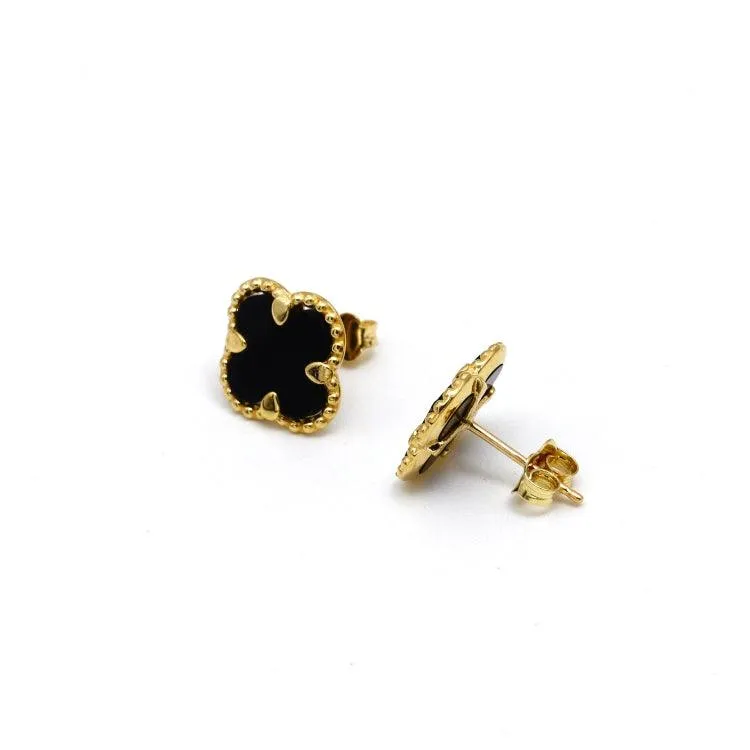 Real Gold Black Pearl Flat Stud Earrings Set - Model GZJVN 0695-AC E1914
