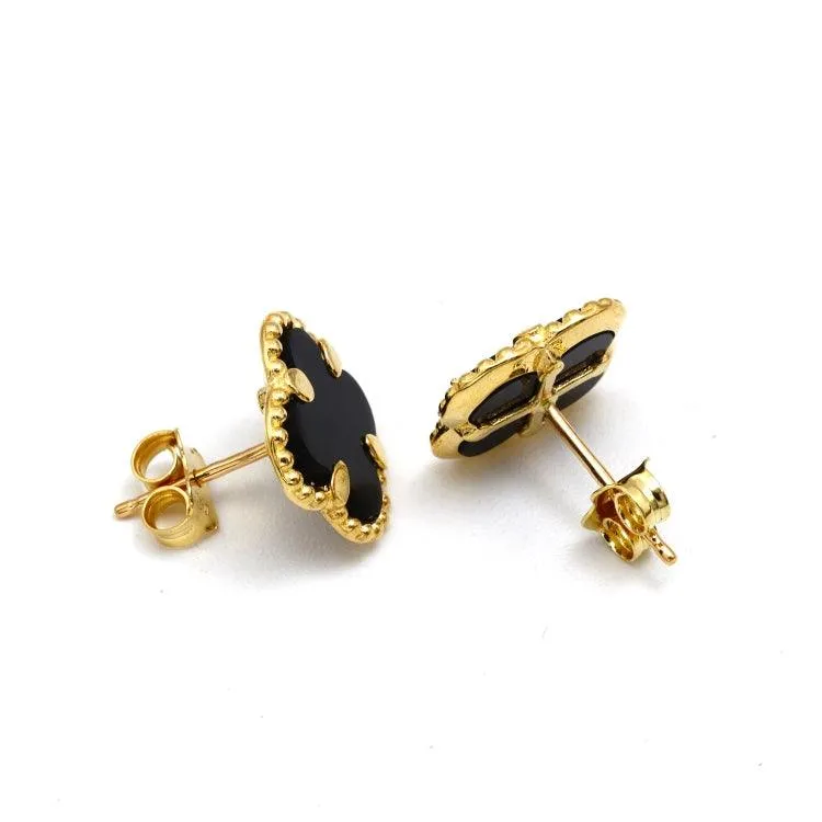Real Gold Black Pearl Flat Stud Earrings Set - Model GZJVN 0695-AC E1914