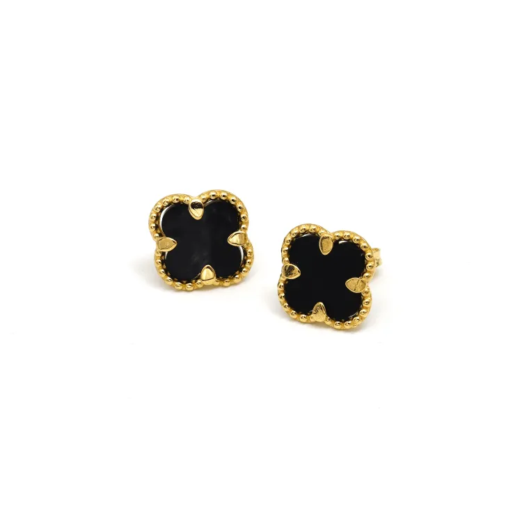 Real Gold Black Pearl Flat Stud Earrings Set - Model GZJVN 0695-AC E1914