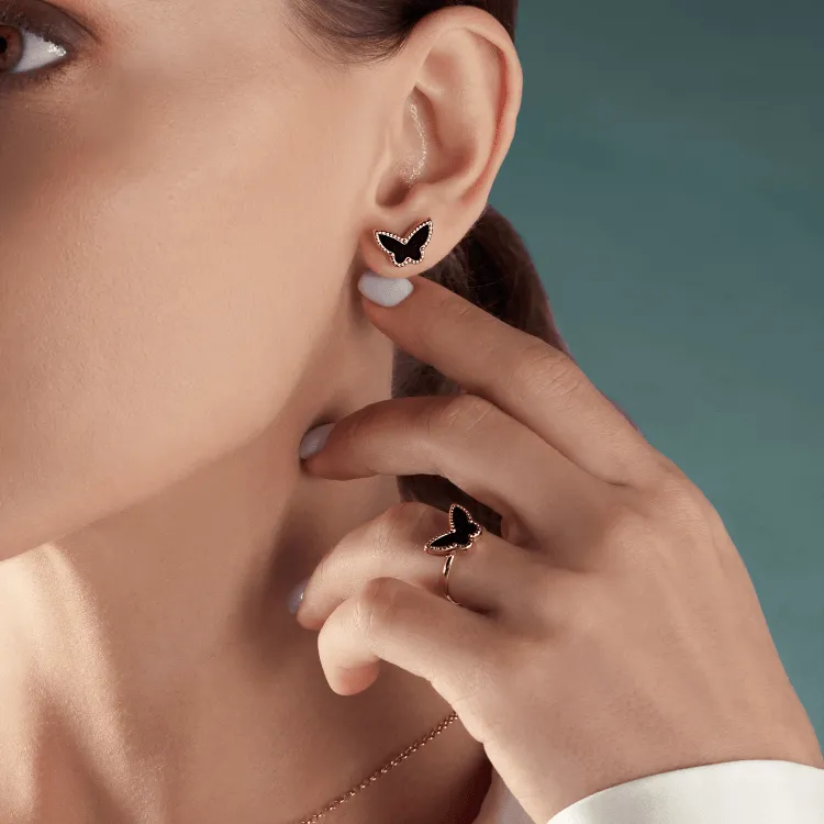 Real Gold Butterfly Black Pearl Earring Set GZJVN 0115-1PK E1802