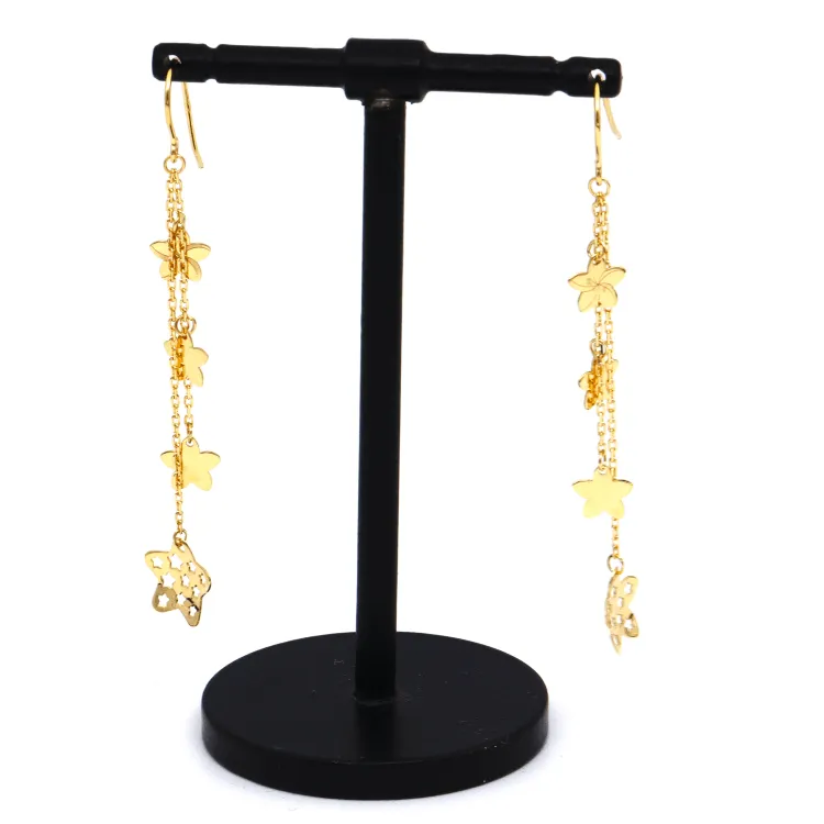 Real Gold Paper Star Flower Dual Hanging Drop Earring Set 7178 E1840