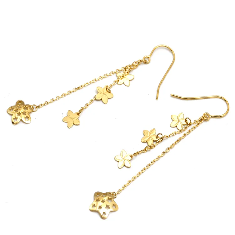 Real Gold Paper Star Flower Dual Hanging Drop Earring Set 7178 E1840