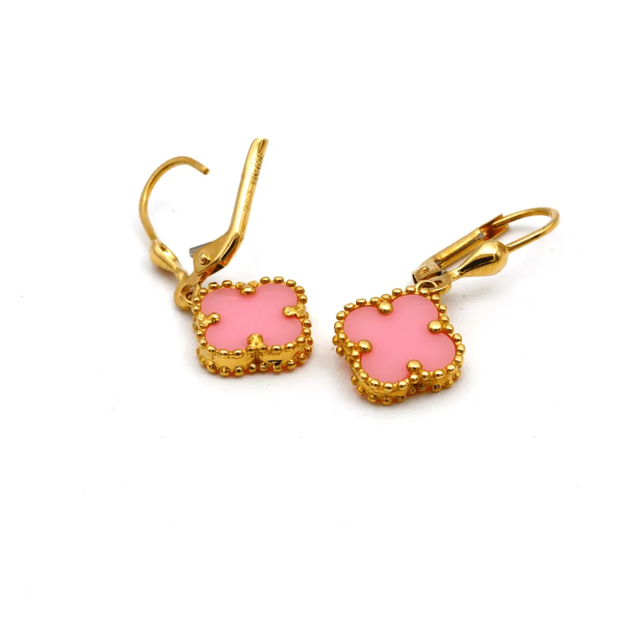 Real Gold Pink Clover Hanging Clip Earring Set - Model GZJVN E1923