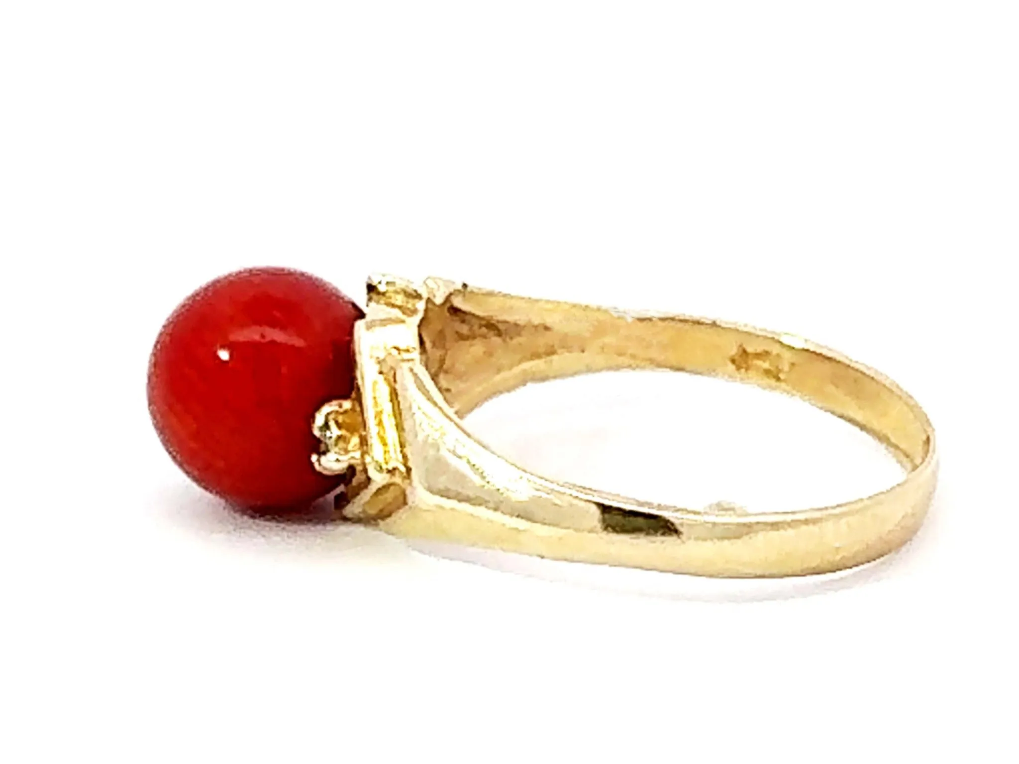 Red Aka Coral Sphere and Diamond Ring 14k Yellow Gold