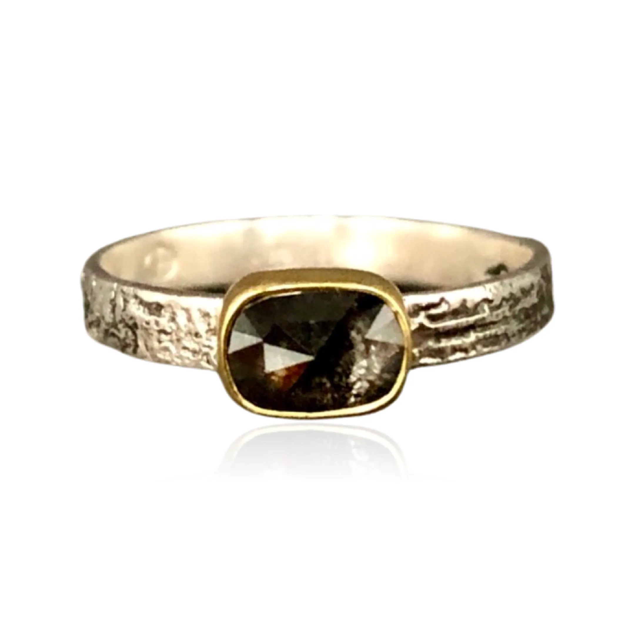 Rose Cut Salt and Pepper Cushion Diamond Ring
