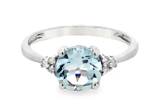 Round Aquamarine and Diamond Ring 14K White Gold