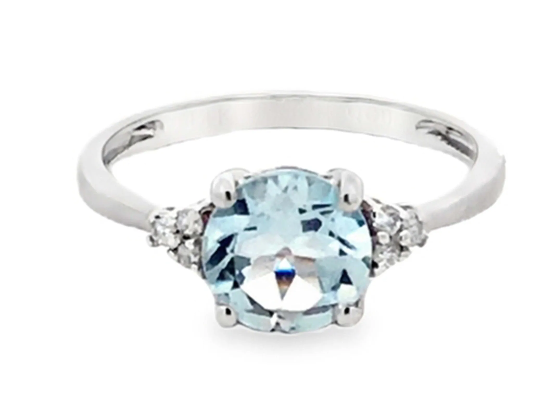 Round Aquamarine and Diamond Ring 14K White Gold
