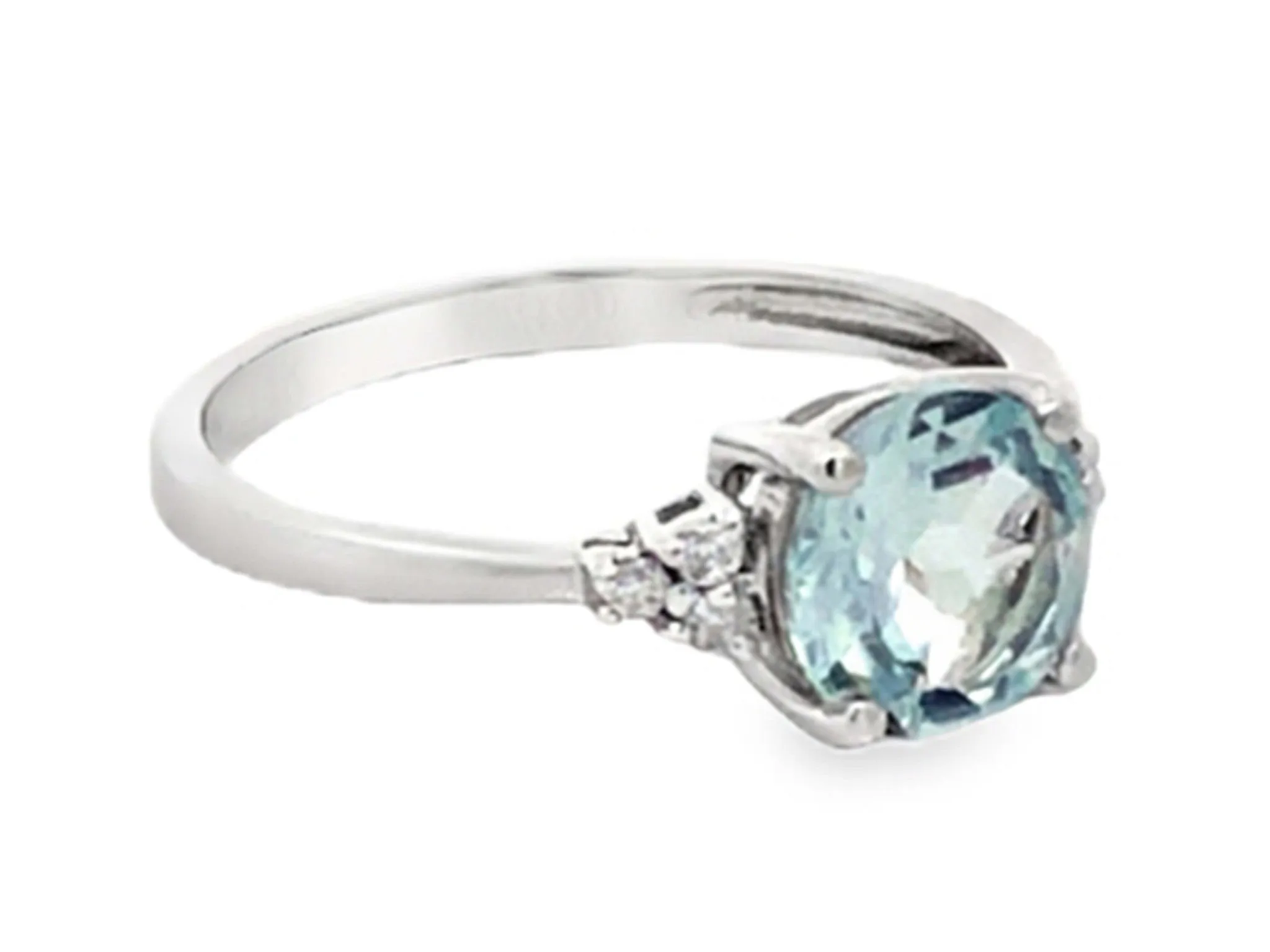 Round Aquamarine and Diamond Ring 14K White Gold