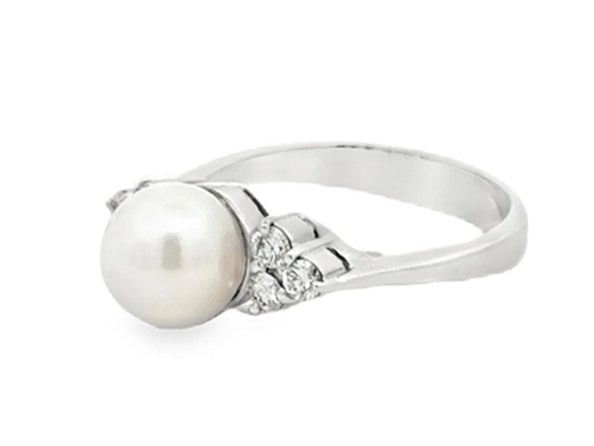 Round White Akoya Pearl and Diamond Ring 14K Solid White Gold