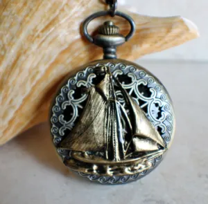 Sailboat mechanical pocket watch with sail boat