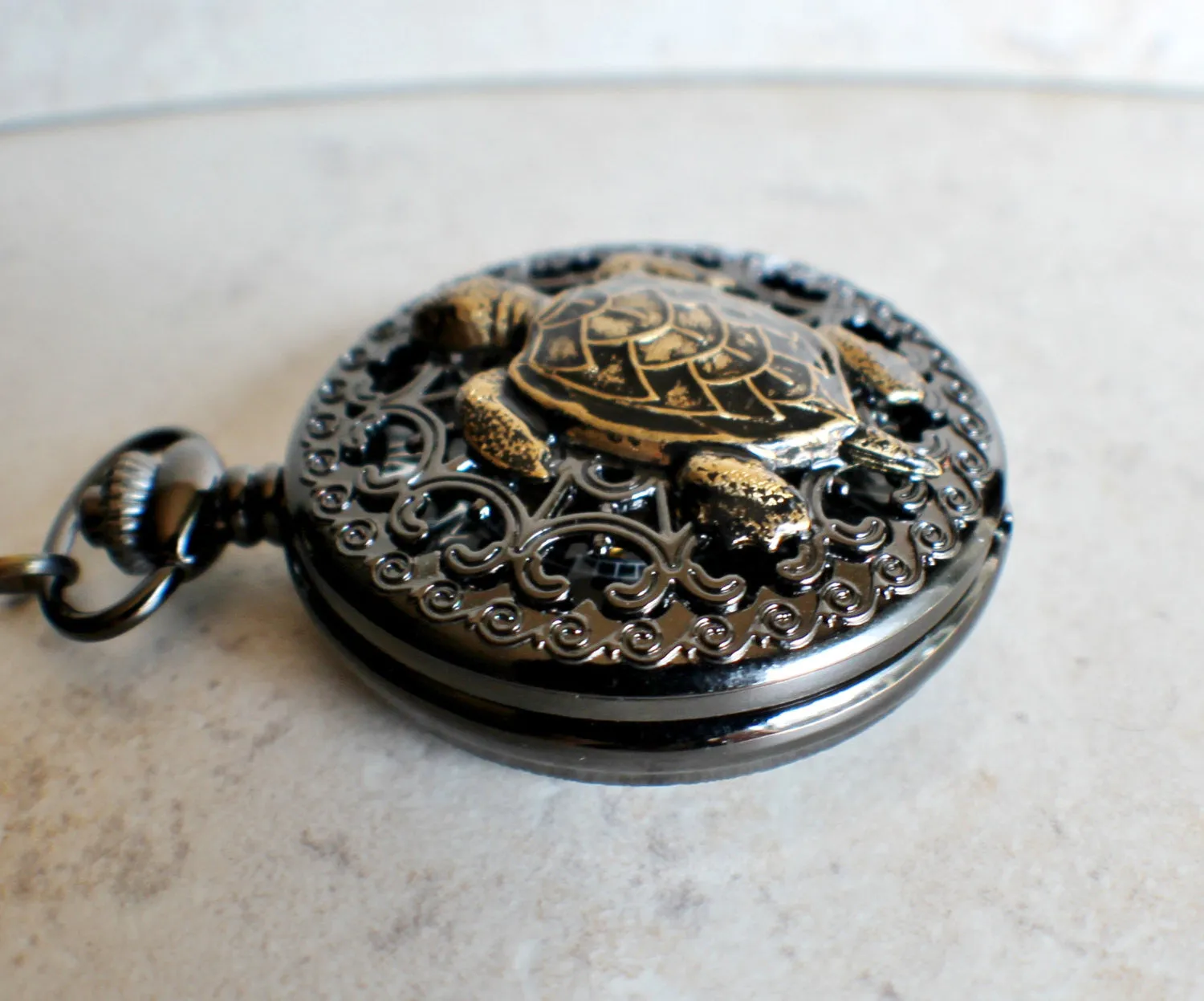 Sea turtle mechanical pocket watch in black