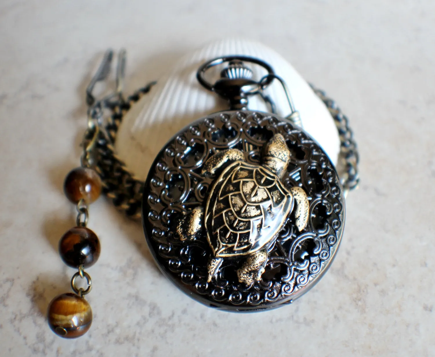 Sea turtle mechanical pocket watch in black