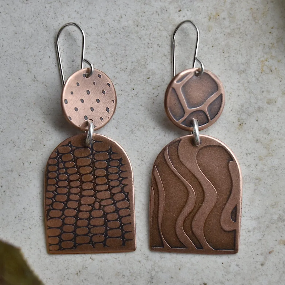 Shield & Circle Copper Drop Earrings