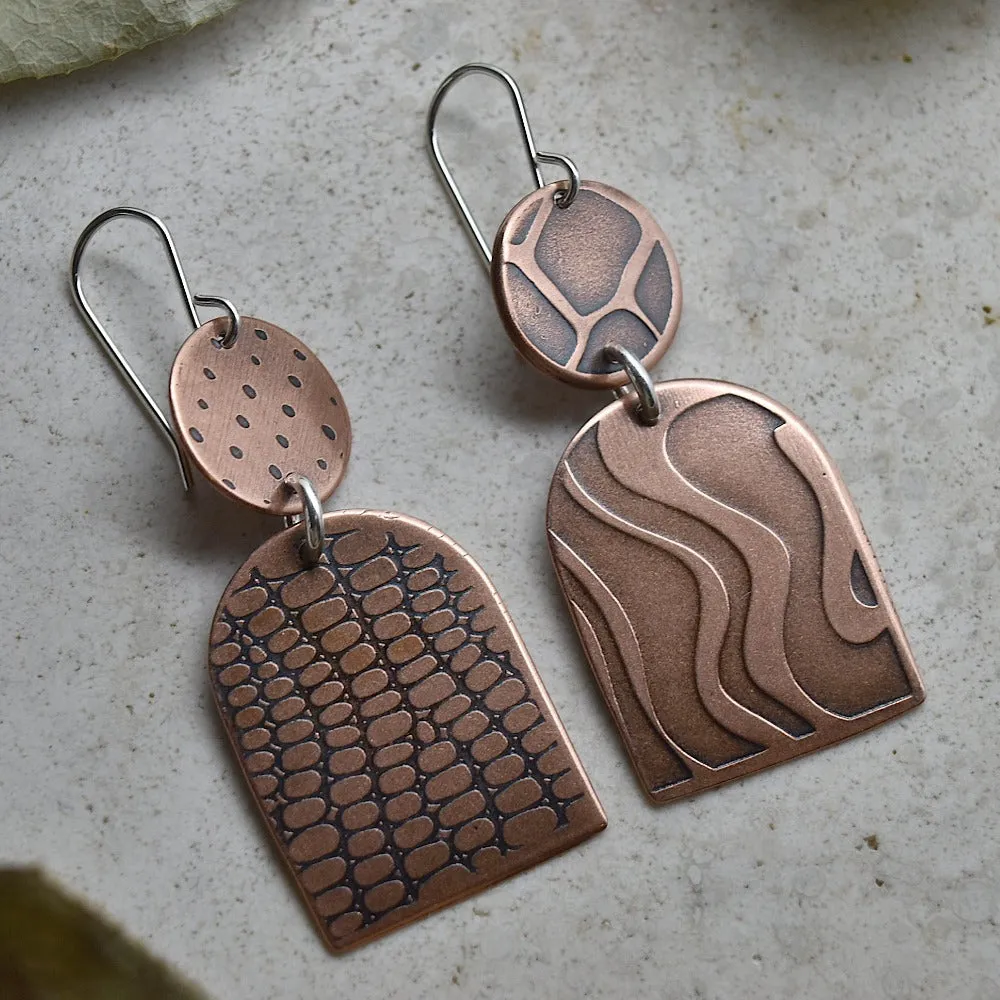 Shield & Circle Copper Drop Earrings