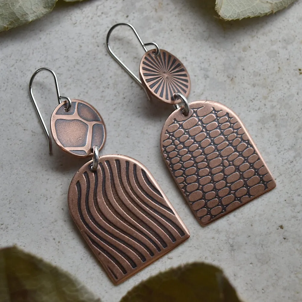 Shield & Circle Copper Drop Earrings