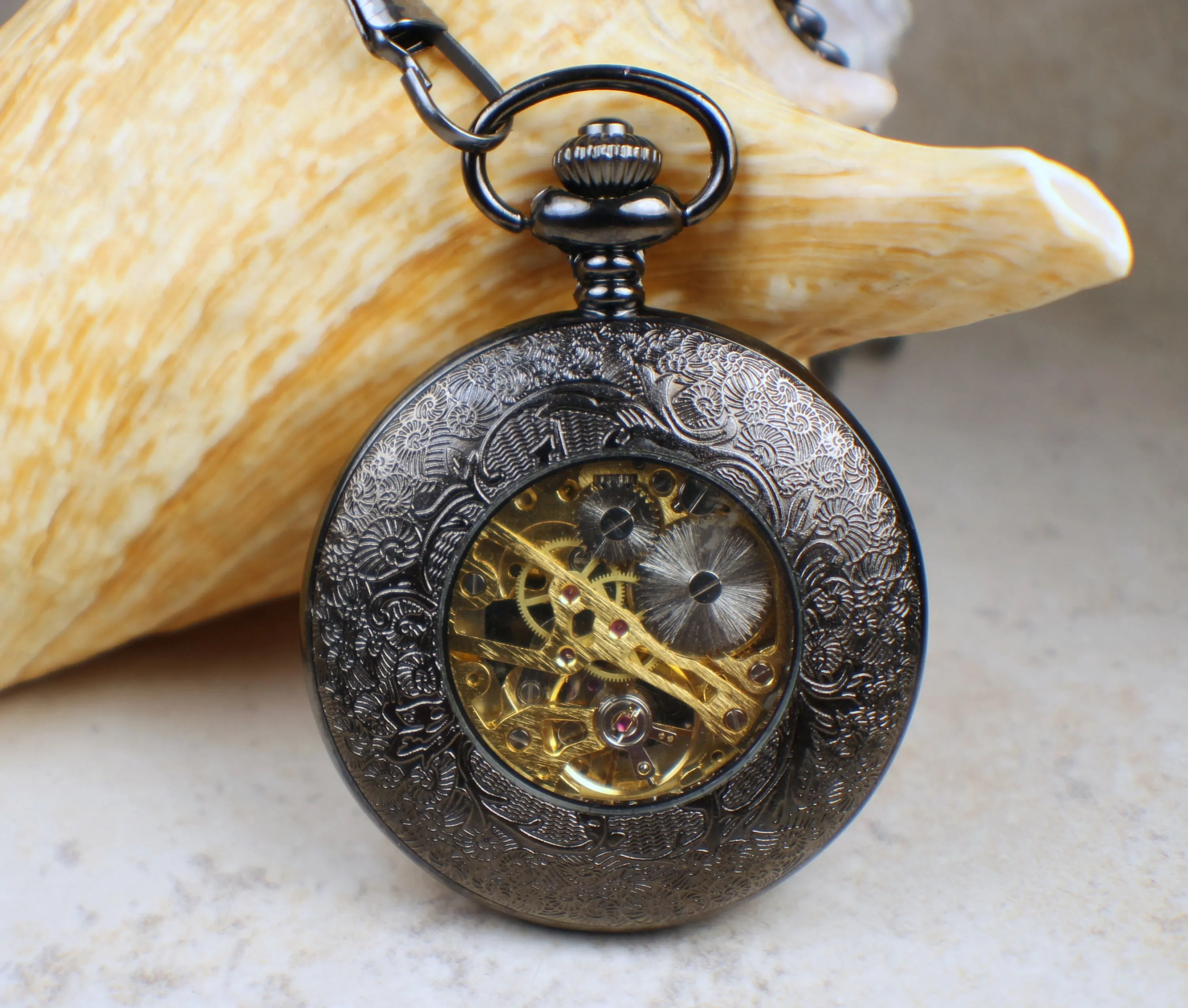 Silver Bear Black Pocket Watch
