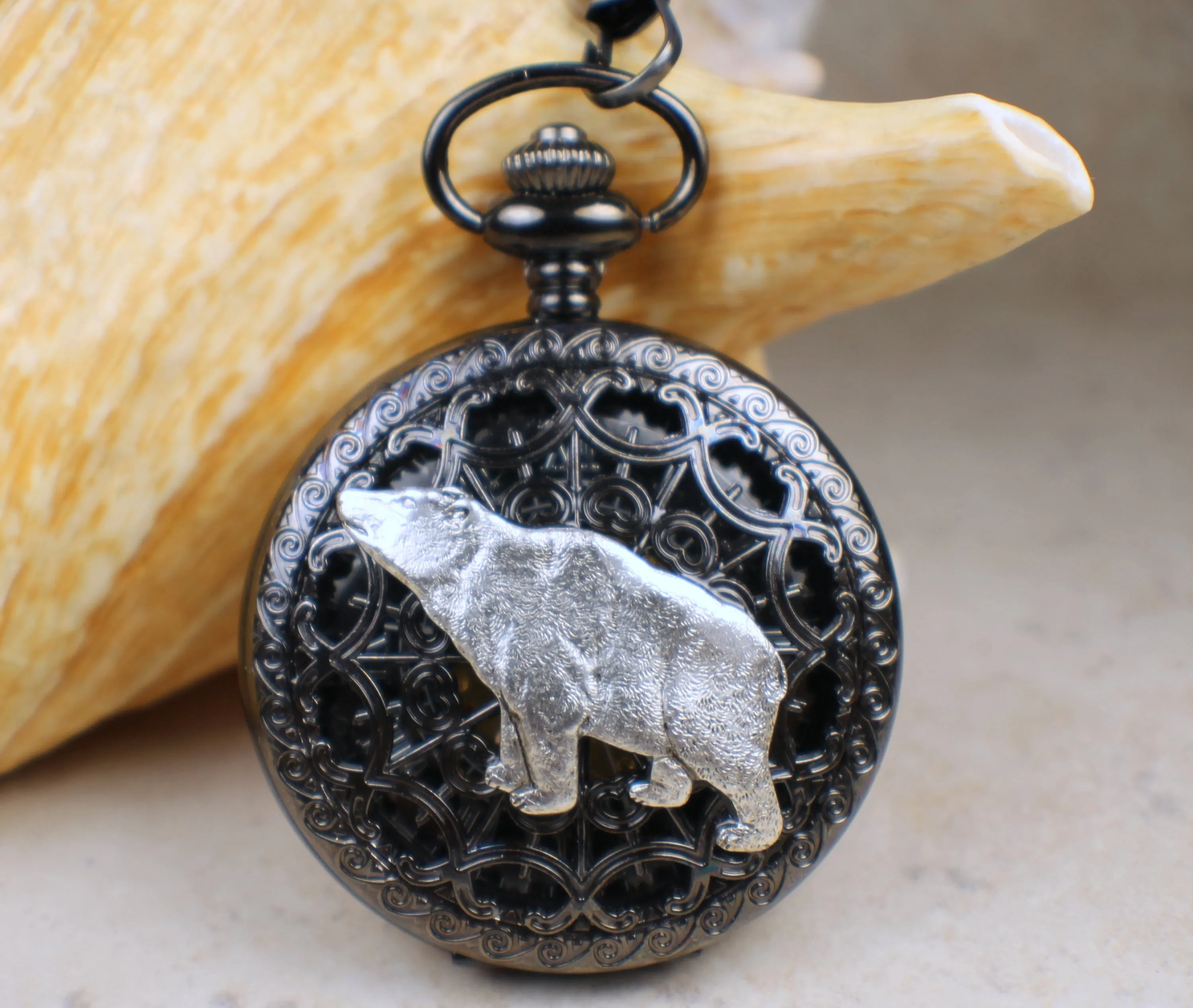 Silver Bear Black Pocket Watch