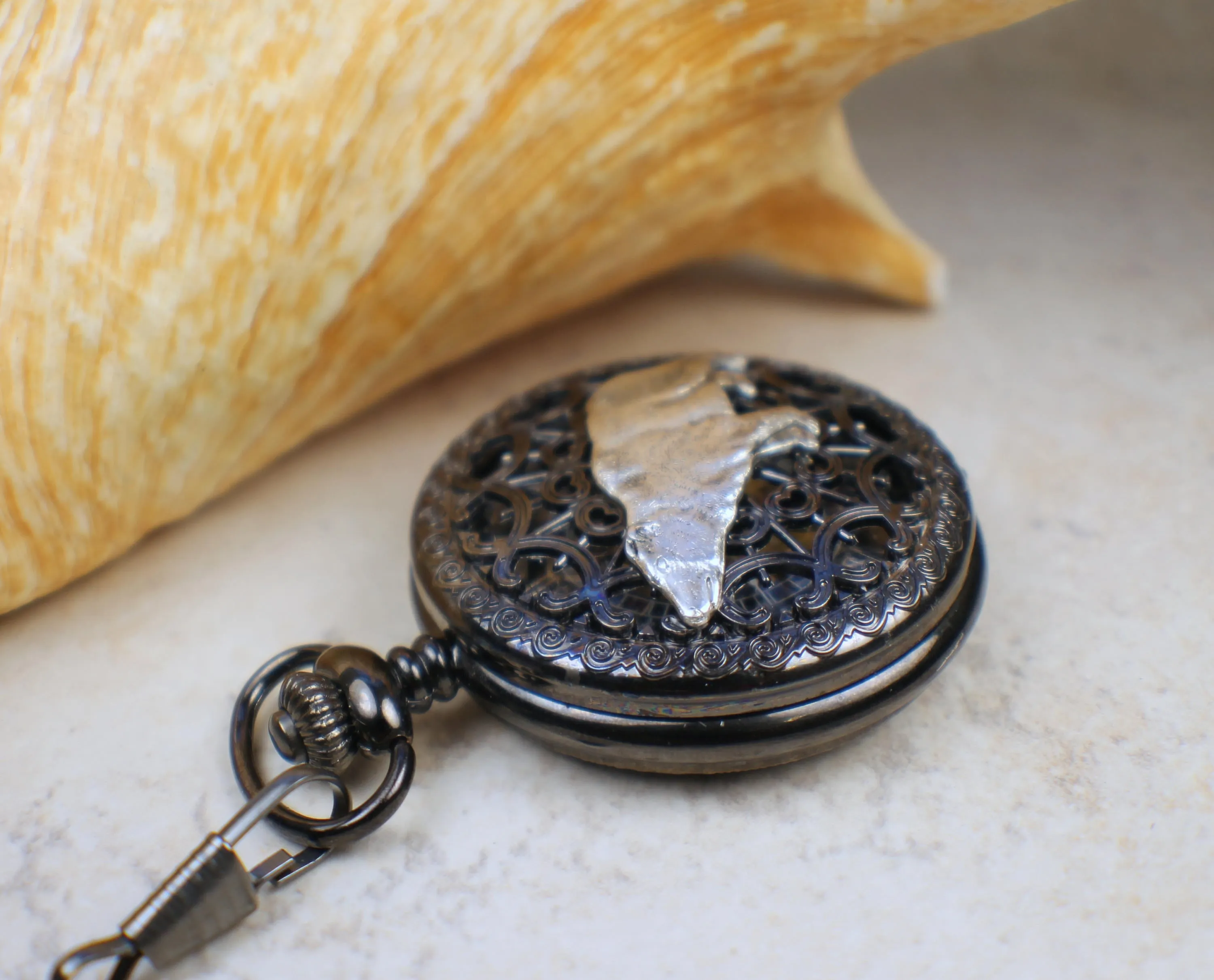 Silver Bear Black Pocket Watch