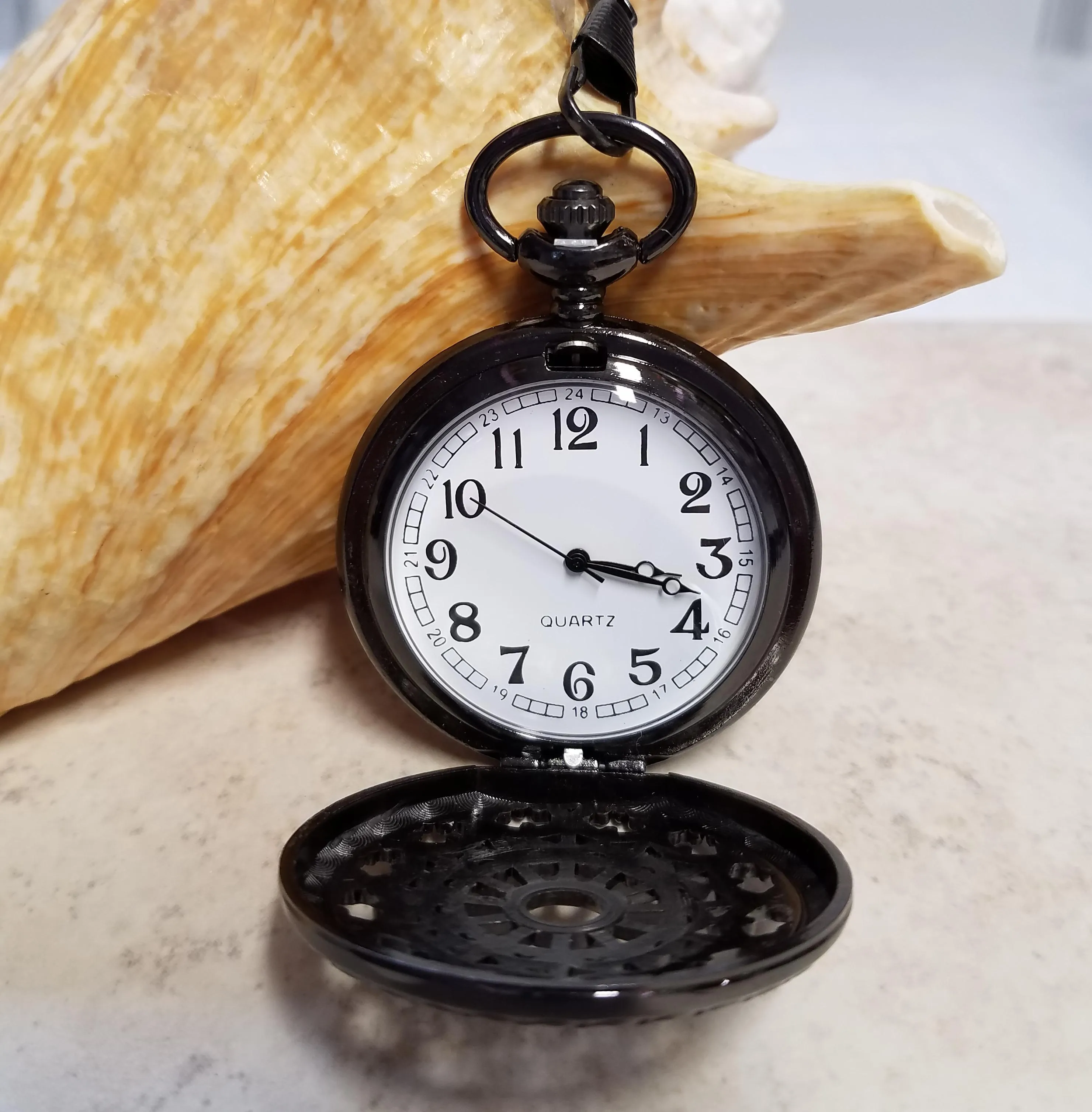 Silver dragon pocket watch, men's black pocket watch with silver dragon.