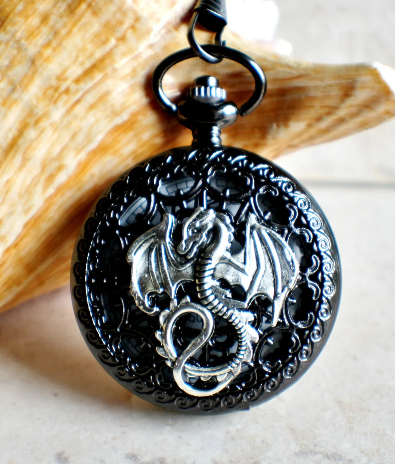 Silver dragon pocket watch, men's black pocket watch with silver dragon.