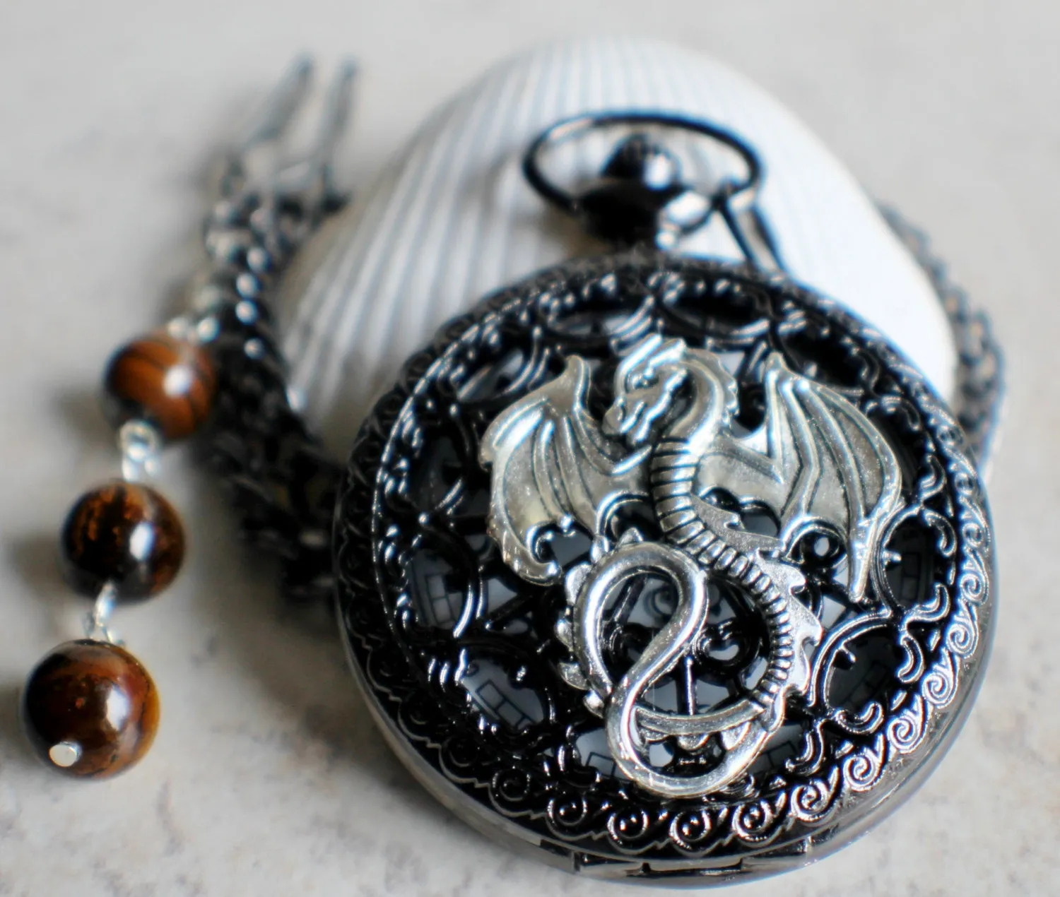 Silver dragon pocket watch, men's black pocket watch with silver dragon.