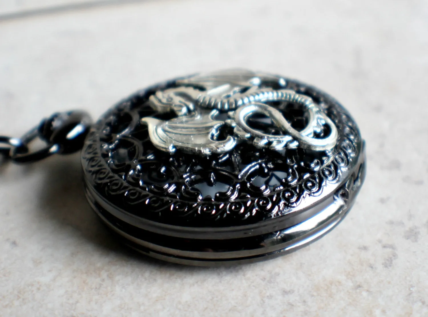 Silver dragon pocket watch, men's black pocket watch with silver dragon.