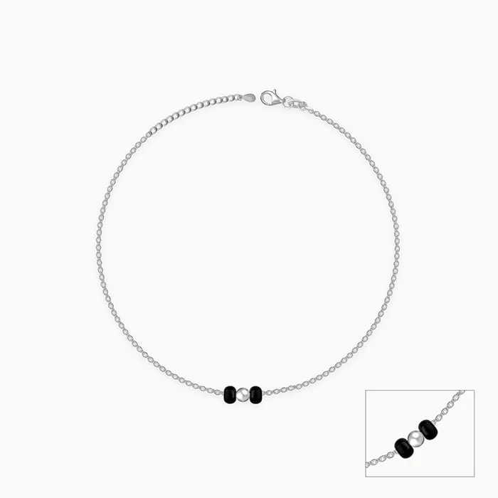 Silver Minimal Black Beads Anklet