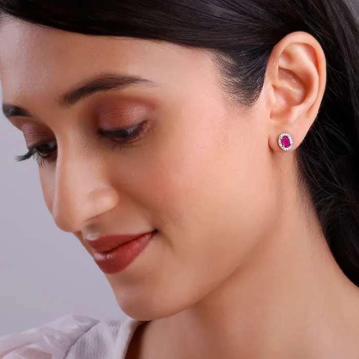 Silver Pink Oval Halo Studs