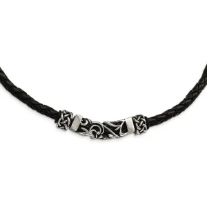 Stainless Steel Black Leather w/Antiqued Beads Necklace
