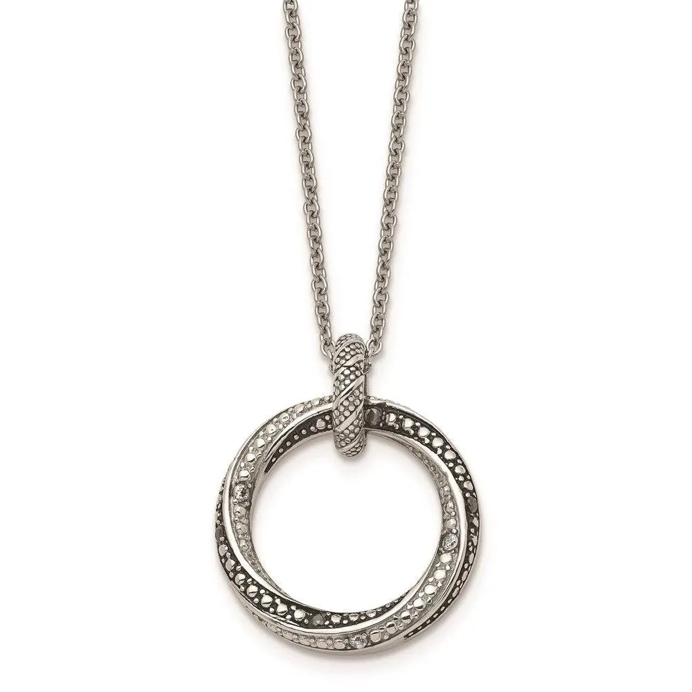 Stainless Steel Black/Clear CZ Antiqued Circle Necklace